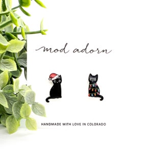 Christmas Cat Earrings, Black Kitty Mismatched Studs, Santa Hat Cat, Hypoallergenic Posts, Women Kids Holiday Gift