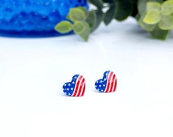 American Flag Heart Earrings, Fourth of July Stud Earrings, Red White and Blue Patriotic Accessories, Stars and Stripes Hearts