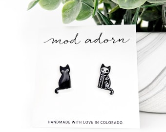 Skeleton Cat Earrings, Black Kitty Mismatched Studs, Cute Halloween Jewelry, Hypoallergenic Stainless Steel Posts, Women Kids Cat Lover Gift
