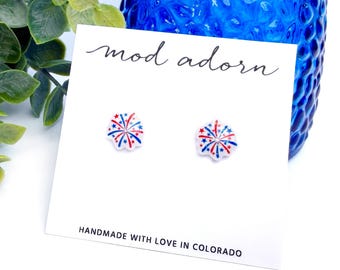 Sparkly Fireworks Stud Earrings, Fourth of July Earrings, Red White and Blue Patriotic Jewelry, Patriotic Gift for Women and Girls
