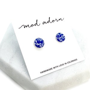 Blue White Floral Print Round Stud Earrings, Blue China Pattern Earrings, Damask Print Resin Studs, Mothers Day Gift Earrings