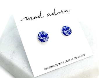 Blue White Floral Print Round Stud Earrings, Blue China Pattern Earrings, Damask Print Resin Studs, Mothers Day Gift Earrings