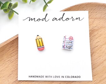 Pencil and Paper Stud Earrings, Mismatched School Supplies Earrings, Back to School Teacher Gift, Girl Student Earrings, Hypoallergenic Post