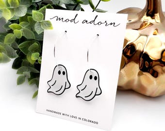 Halloween Ghost Hoop Earrings, Cute White Sheet Ghost Earrings, Spooky Dangle Ghost Earrings, Fall Gift for Women, Halloween Resin Jewelry