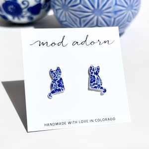 Blue Floral Pattern Cat Earrings, Cute Cat Stud Earrings, Blue White Damask Print Kitty, Cat Silhouette Earrings, Cat Lover Mothers Day Gift
