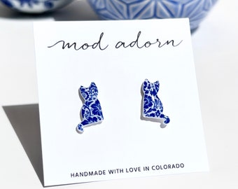 Blue Floral Pattern Cat Earrings, Cute Cat Stud Earrings, Blue White Damask Print Kitty, Cat Silhouette Earrings, Cat Lover Mothers Day Gift