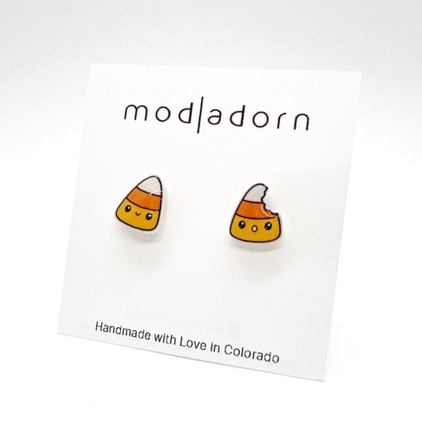 Halloween Candy Corn Earrings, Halloween Stud Earrings, Mismatched Spooky Fall Season, Hypoallergenic Stainless Steel Posts, Women Kids Gift