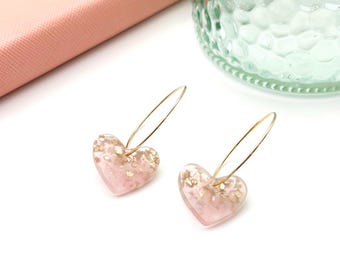Pink Gold Heart Hoop Earrings, Valentines Day Resin Earrings, Satin Crushed Glass Earrings, Sparkly Heart Jewelry, Women Valentines Gift