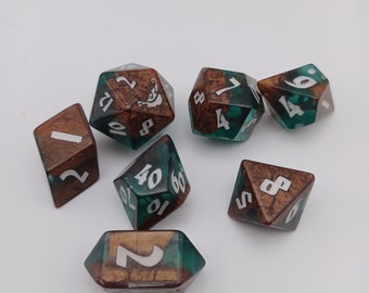 Smooth Face Copper Clear Blue RPG Dice set (non wearing numbers)