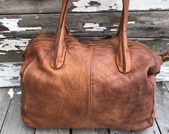 Large Cognac  Leather Barrel Handbag