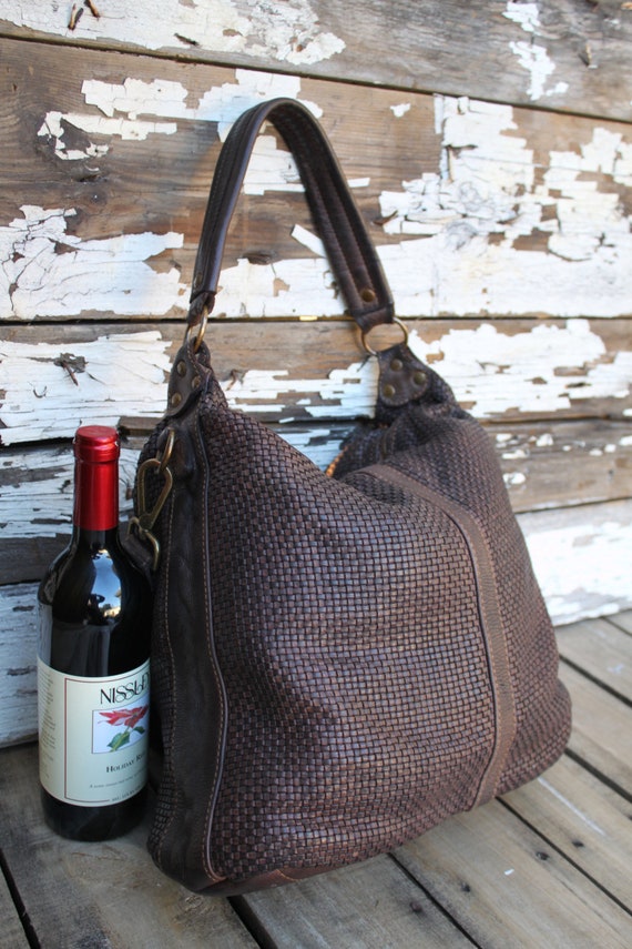 Dark Brown Soft Woven Italian Leather Hobo Bag Etsy