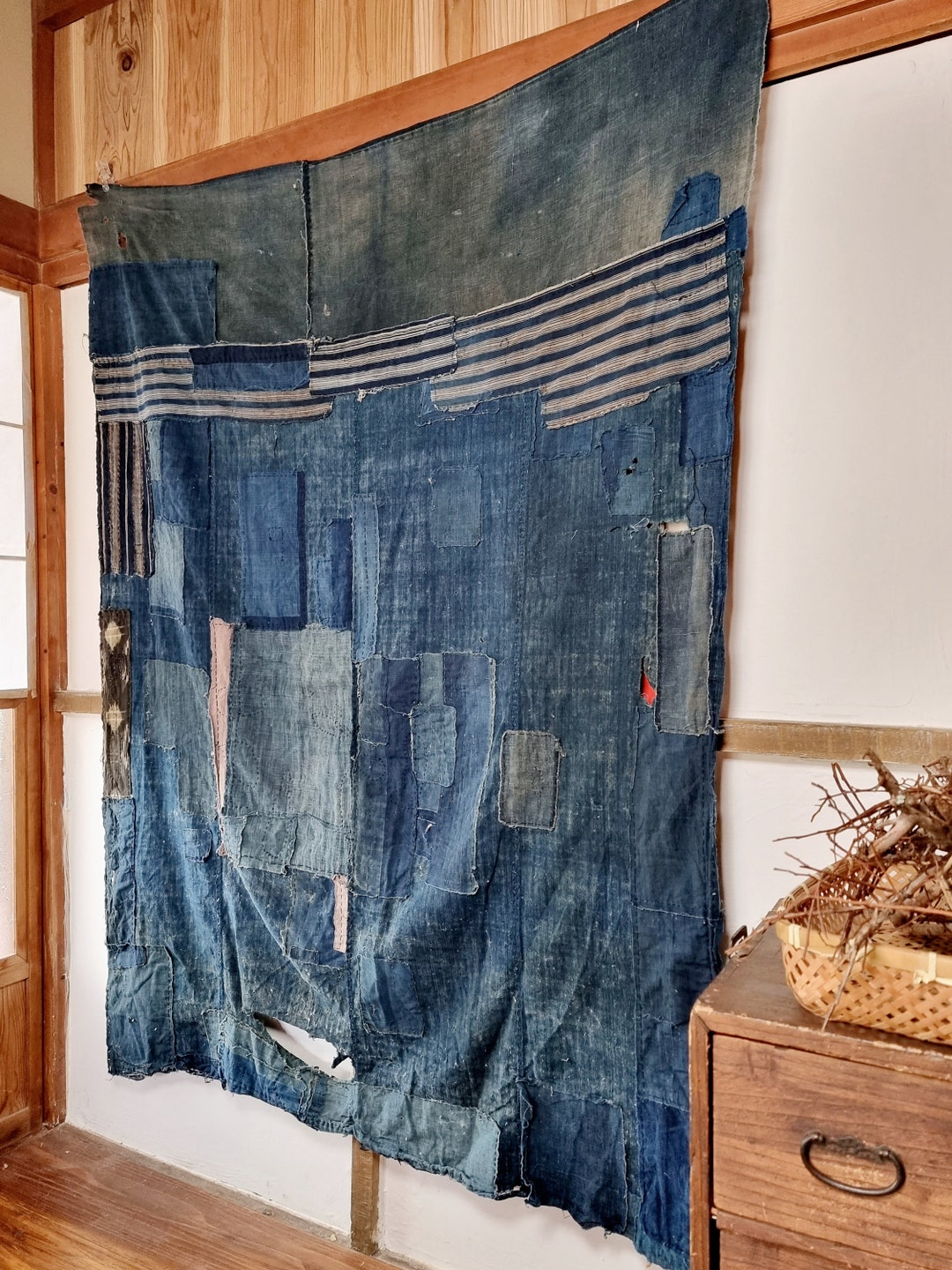 Vintage Japanese Boro Fabric Wall Art Indigo One off Blanket Dyed