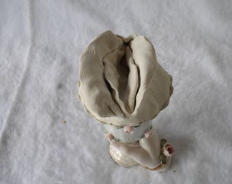 Sculpted Vulva in a Porcelain Pink Hand With Gold Band and Flower Around Wrist Holding a Flower Encrusted Goblet 188