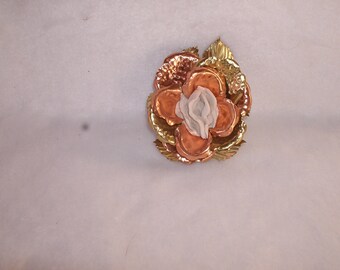 Sculpted Vulva in a Metal Rose Candleholder With Copper Colored Petals and Brass Colored Leaves 140
