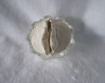 Sculpted Vulva in a Swirled, Incised Clear Glass Candy Dish 133