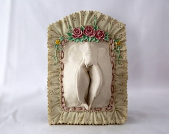 Sculpted Vulva in a White Composite Frame Arched Top With Lace And Flowers (With Built-in Stand) 69