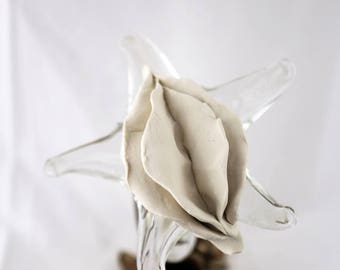Sculpted Vulva in a Clear Blown Glass Five Petaled Flower in a Coiled Metal Candleholder Base (2) 94