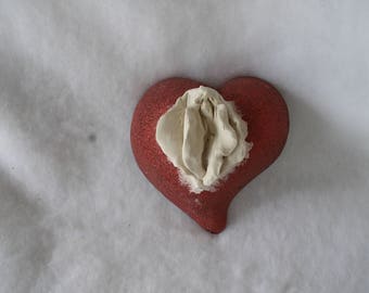 Sculpted Vulva in an Asymmetric Red Glass Heart With Nubby Glitter Finish 127