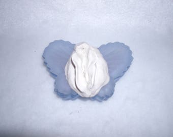 Sculpted Vulva in a Blue Glass Butterfly-Shaped Candleholder With Lid (Unburned Candle Inside) 171