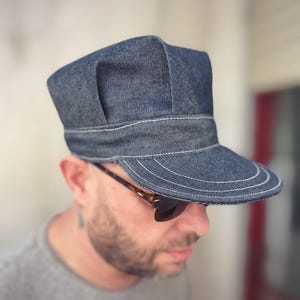 Casquette d'ingénieur vintage inspirée des années 1930/40, en denim japonais selvedge.