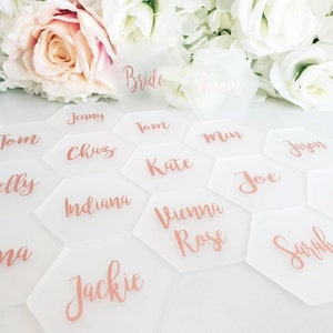 Hexagon place settings, wedding names, acrylic hexagon place names, modern wedding, perspex place setting, rose gold place setting