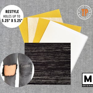 May include: A set of four fabric patches for repairing holes in denim. The patches are in various shades of yellow and white. The patches are designed to cover holes up to 5.25 inches by 5.25 inches. The patches are shown on a gray denim background.