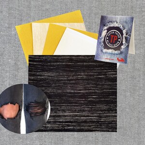 Puede incluir: Un conjunto de parches de tela para reparar el denim desgarrado. El conjunto incluye un parche de tela negro, un parche de tela blanco y dos parches de tela amarillos. Los parches se muestran junto a una tarjeta con el texto "Tatter Patch TP We Save Denim".