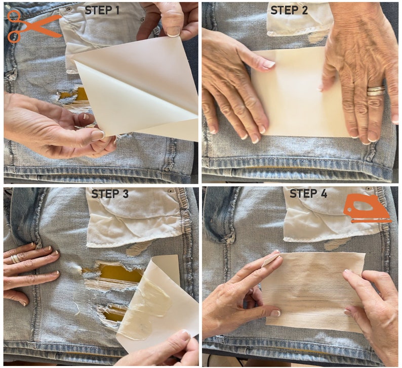 May include: Four steps for patching a hole in denim using a fabric patch and iron-on adhesive. Step 1: Peel back the adhesive backing. Step 2: Place the adhesive over the hole. Step 3: Peel back the adhesive backing. Step 4: Iron the patch onto the denim.