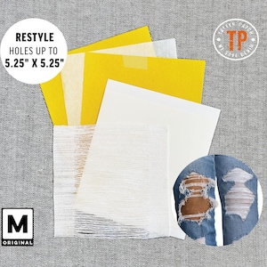 May include: Restyle holes up to 5.25" x 5.25" fabric repair patches. The set includes three white patches, two yellow patches, and one white mesh patch. The patches are shown on a denim background with a close-up of a pair of jeans with holes.