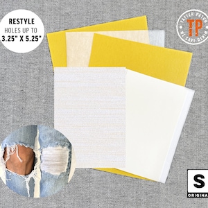 May include: A set of four fabric patches for repairing holes in denim. The patches are in various colors and textures, including white, beige, and yellow. The patches are designed to be used with a sewing machine or by hand. The patches are 3.25 inches by 5.25 inches.