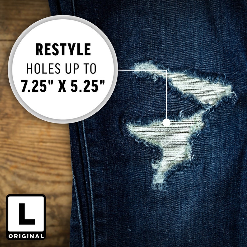 May include: Close-up of a pair of blue denim jeans with a large distressed hole. The hole is approximately 7.25 inches by 5.25 inches. The text "RESTYLE HOLES UP TO 7.25" X 5.25" is visible in a white circle.