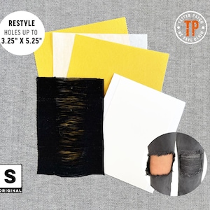 May include: Restyle patch kit for repairing holes in denim. The kit includes a black patch, white fabric, yellow fabric, and beige fabric. The kit is designed for holes up to 3.25 inches by 5.25 inches.