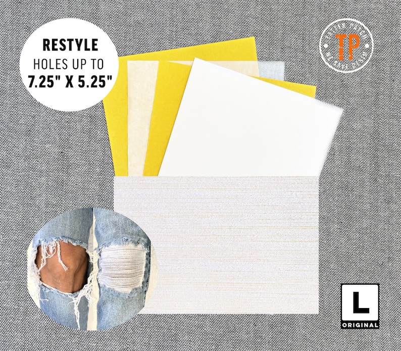 May include: A set of three fabric patches for repairing holes in denim. The patches are white, yellow, and a light beige color. The patches are 7.25 inches by 5.25 inches. The text "RESTYLE HOLES UP TO 7.25" X 5.25" is printed on a white circle.