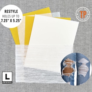 May include: White fabric repair patch for mending holes in denim. The patch is 7.25 inches by 5.25 inches. The patch is shown on top of yellow fabric and a pair of blue jeans with holes.