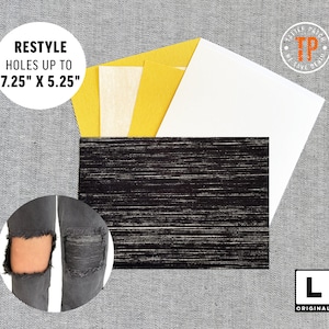 May include: A black fabric patch with a white stripe pattern. The patch is 7.25 inches by 5.25 inches and is designed to repair holes in denim. The package includes two yellow adhesive patches and a white backing sheet. The text "RESTYLE HOLES UP TO 7.25" X 5.25" is printed on a white circle.