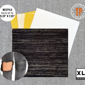 Könnte beinhalten: Schwarzer Jeansstoff mit einem weißen Streifenmuster. Der Stoff ist mit "RESTYLE HOLES UP TO 9.25" X 7.25" und "XL ORIGINAL" beschriftet.