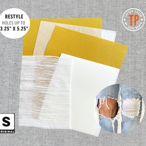 May include: A set of fabric repair patches for clothing. The set includes a white woven patch, a white non-woven patch, a beige non-woven patch, and a yellow non-woven patch. The patches are designed to repair holes up to 3.25 inches by 5.25 inches.