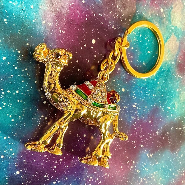 Adorable Golden Camel Keychain with Crystals and Enamel, Colorful Key Chain Unique Gift Ideas for Loved Ones, Holiday Presents for Friends