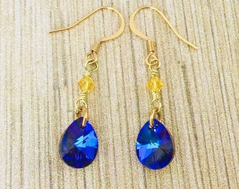 Blue Inspiration Sparkling Crystal Earrings, Swarovski Heliotrope Pear Crystal Drops, Gold Dangle Earrings Jewelry Gift Ideas for Her