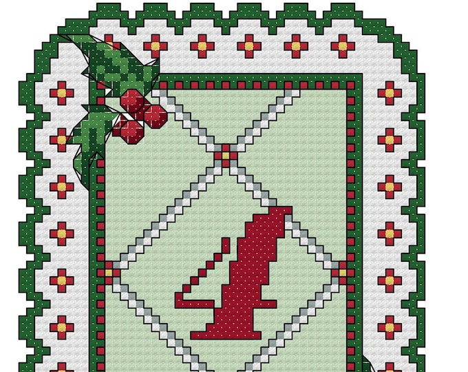 HOLLY and BERRIES 12 Days Of Christmas 4 to 6 Cross Stitch-Needlepoint Pattern (Basic Cross Stitch)(aprox. 2.25"x3.0" )(Color Key & Chart)