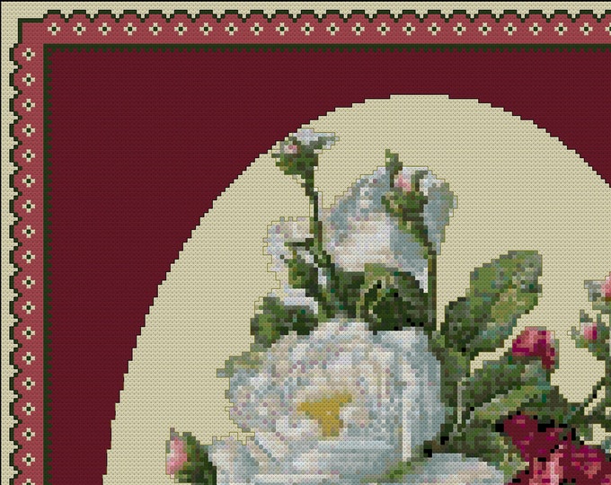 Beautiful "ROSES and LACE EDGE"  Cross Stitch Pattern (approx. 9"x 12")(Enlarged Color Key & Chart)