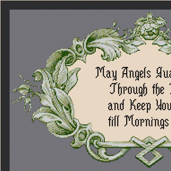 ANGELS GUARD YOU Prayer Sampler Cross Stitch Pattern (approx. 15" x9")(Color & B W Chart and Key)