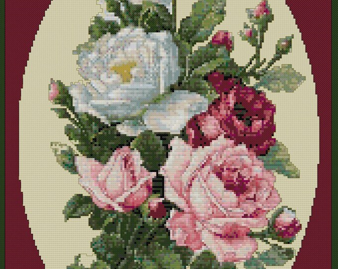Beautiful "ROSES"  Cross Stitch Pattern (approx. 10"x 13")(Enlarged Color Key & Chart)