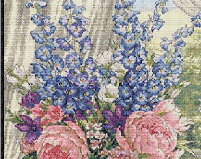 Large PEONIES and LARKSPUR  Cross Stitch Pattern (approx. 14"x 20")(Enlarged Color Key & Chart)