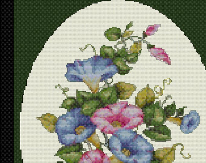 NEW Pinks and Blues "MORNING GLORIES"  Cross Stitch Pattern (approx. 8.2"x 10.5")(Color Key & Chart) 100 Colors
