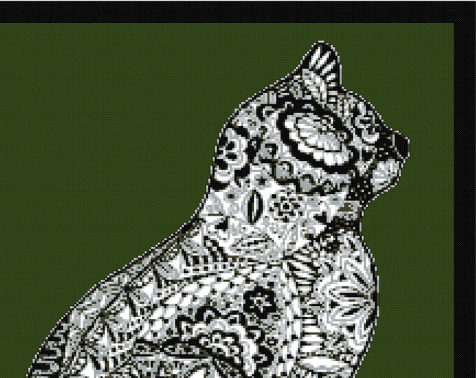GROOVY CAT Silhouette Cross Stitch Pattern (approx. 10.5"x 13.75")(Color Key & Chart included)(Only 7 Floss colors)