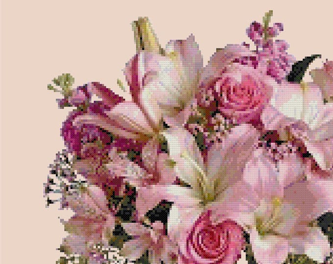 FLORAL BOUQUET 2 Roses Lilies Cross Stitch Pattern (approx.  8" x 7")(B-W and Color Key & Charts included)