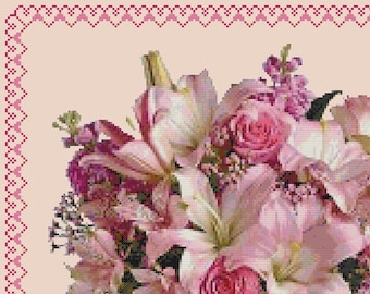 FLORAL BOUQUET 2 Roses Lilies With Border Cross Stitch Pattern (approx. 10" x 8")(B-W and Color Key & Charts included)