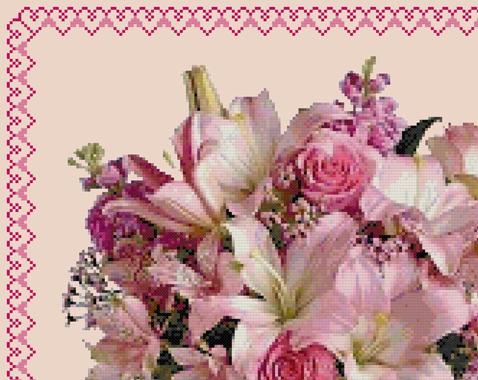 FLORAL BOUQUET 2 Roses Lilies With Border Cross Stitch Pattern (approx. 10" x 8")(B-W and Color Key & Charts included)