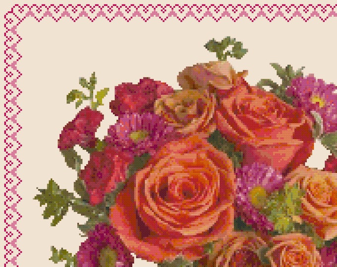 FLORAL BOUQUET 5 Roses Daisys with Border Cross Stitch Pattern (approx. 11.5" x 9.5")(B-W and Color Key & Charts included)